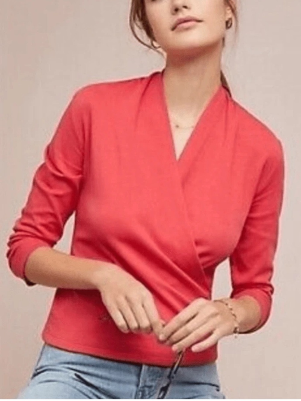 Anthropologie Maeve Corral Orange Red Cotton Curran Wrap blouse top Midi Sleeve